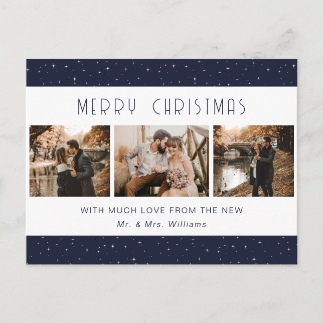 Elegant Blue Photo Newlywed Starry Holiday Postcard (Front)