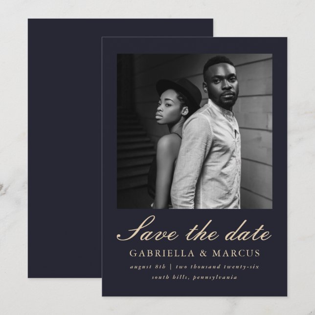 Elegant Blue Photo Wedding Save The Date (Front/Back)