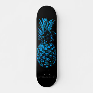 Elegant Blue Pineapple Monogram Minimalist Custom Skateboard