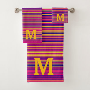 Elegant blue pink and yellow stripes monogram bath towel set