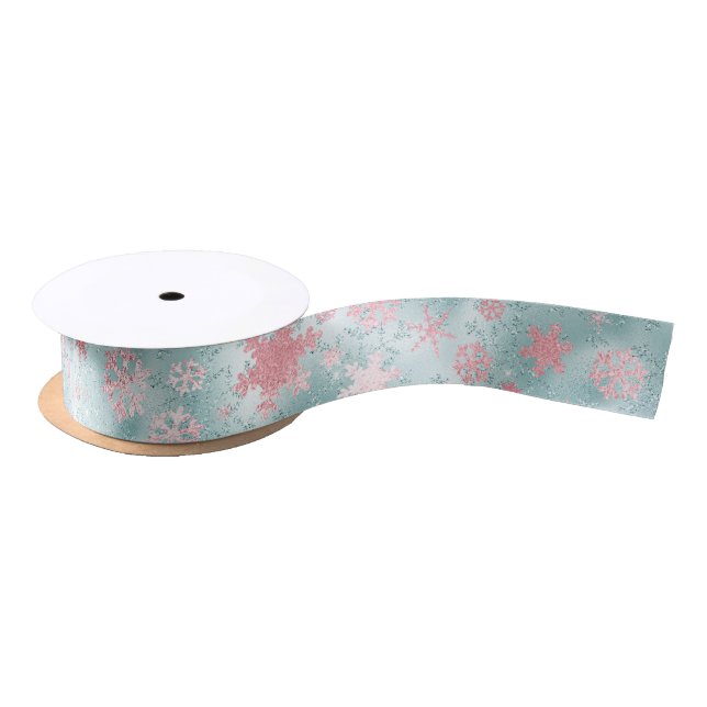 Elegant Blue Pink Christmas Snowflake Pattern Satin Ribbon (Spool)