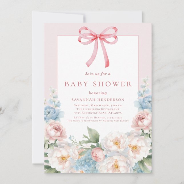 Elegant Blue Pink Floral Bow Baby Shower Invitation (Front)