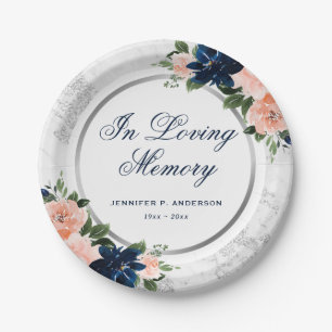 Elegant Blue Pink Floral Memorial Funeral Paper Plate