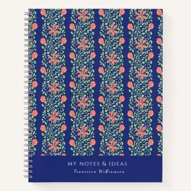 Elegant  Blue Pink Floral Vintage Striped Notebook (Front)