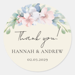 Elegant Blue Pink Flowers Wedding Classic Round Sticker