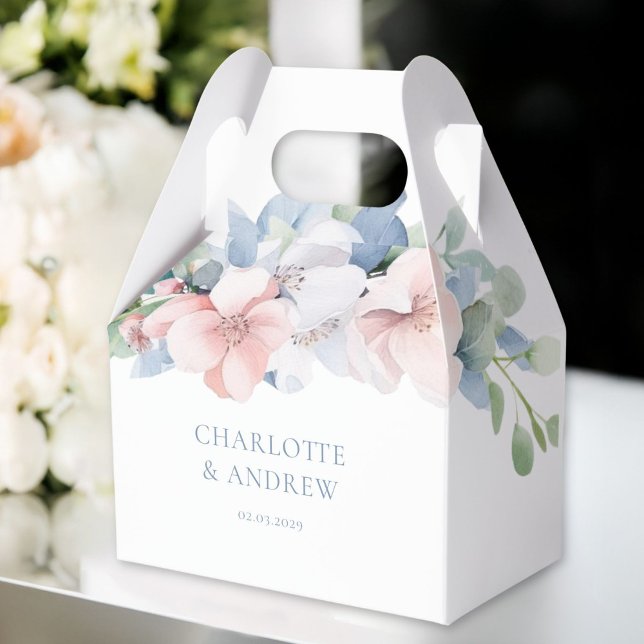 Elegant Blue Pink Flowers Wedding Favor Box (Elegant Blue Pink Flowers THANK YOU! Wedding Favor Boxes with your name and date.)