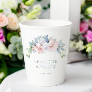 Elegant Blue Pink Flowers Wedding Paper Cups