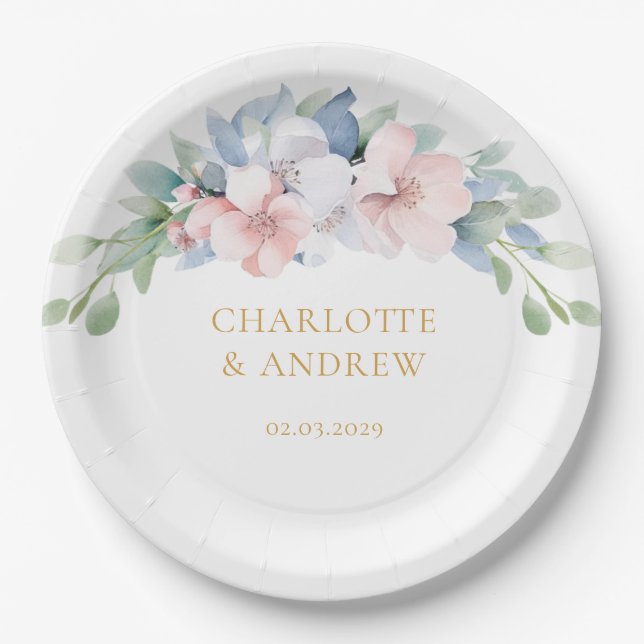 Elegant Blue Pink Flowers Wedding Paper Plate (Front)