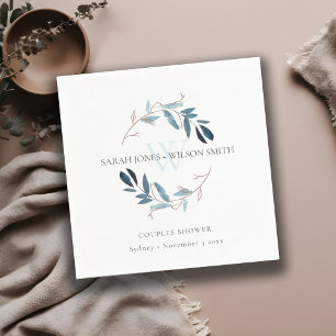 ELEGANT BLUE PINK FOLIAGE WREATH COUPLES SHOWER NAPKIN