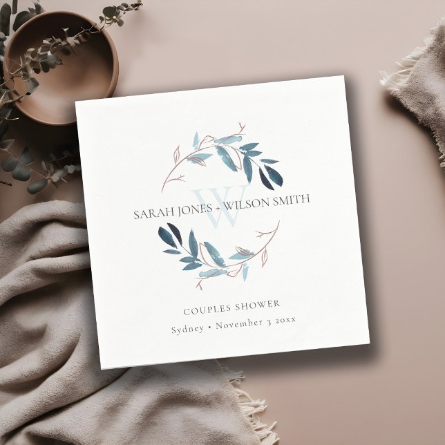 ELEGANT BLUE PINK FOLIAGE WREATH COUPLES SHOWER NAPKIN (Creator Uploaded)