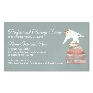 Elegant Blue Pink Maid Spray Flower Cleaning Magnetic Business Card