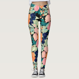 Elegant Blue Pink Orange Flowers Black Floral Leggings