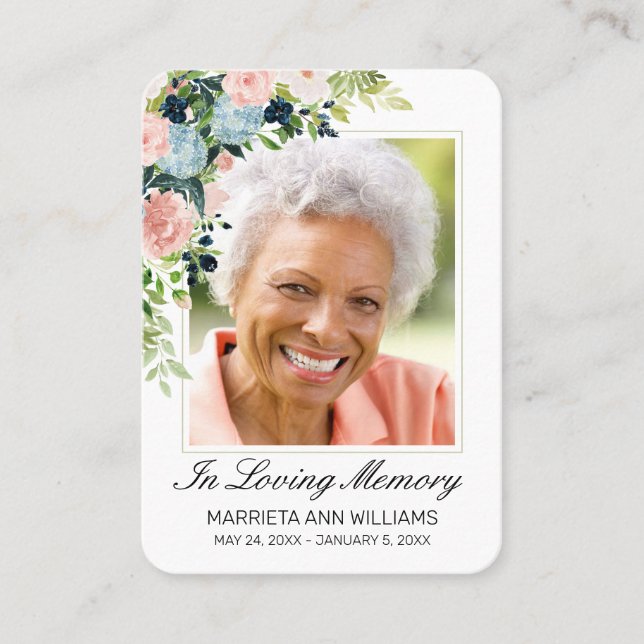 Elegant Blue Pink Rose Floral Photo Memorial Card (Front)