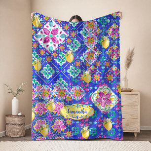 Elegant Blue pink Sicilian Citrus Collage Fleece Blanket