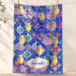 Elegant Blue Pink Sicilian Citrus Collage Kitchen Towel