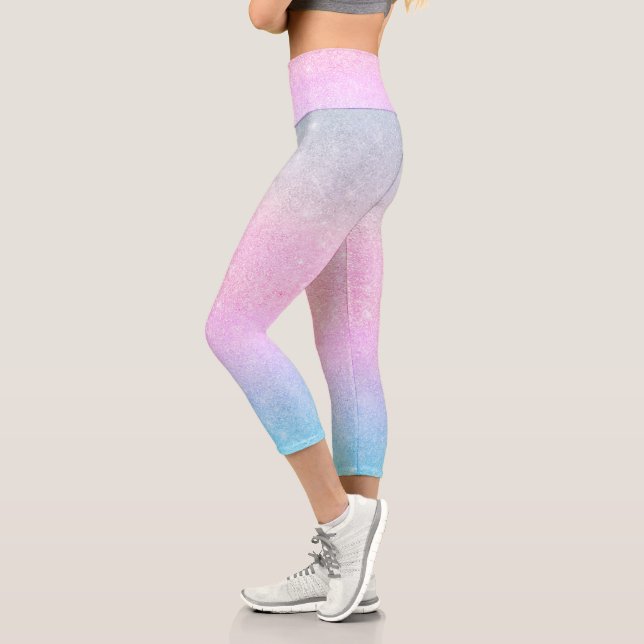 Elegant Blue Pink Silver Glitter Design Capri Leggings (Left)
