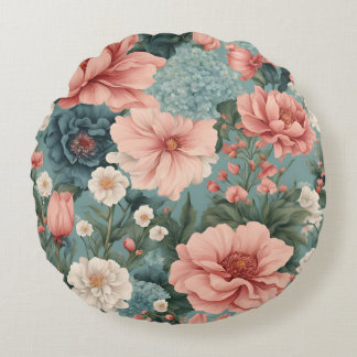 Elegant Blue Pink Spring Summer Garden Floral Round Pillow