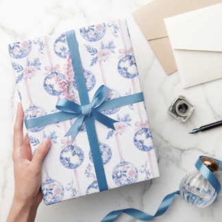 Elegant Blue & Pink Toile Christmas Ornaments Wrap Wrapping Paper