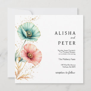 Elegant Blue & Pink Watercolor Wedding Invitation