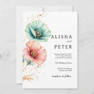 Elegant Blue & Pink Watercolor Wedding Invitation
