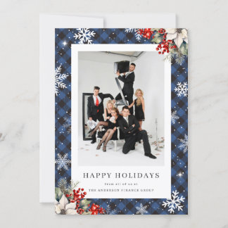 Elegant Blue Plaid Botanical Photo Business Holiday Card