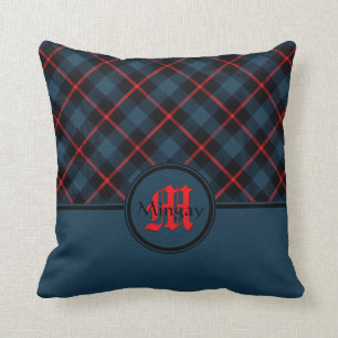 Elegant Blue Plaid Monogram Throw Pillow