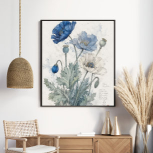 Elegant Blue Poppies Botanical Art Poster
