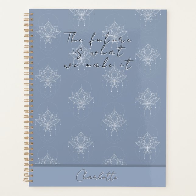 Elegant Blue Pretty Floral Lotus Future Quote Planner (Front)