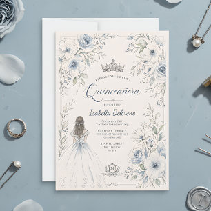 Elegant Blue Princess Floral Quinceañera Invitation