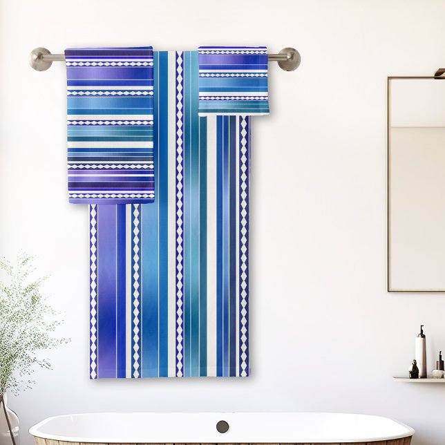 Elegant Blue Purple Abstract Striped Pattern Bath Towel Set (Bathroom towel set with an abstract artistic stripe pattern in teal blue and purple with white.)