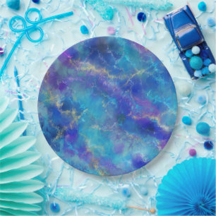 Elegant Blue, Purple, and Gold Marble Pattern Paper Plate