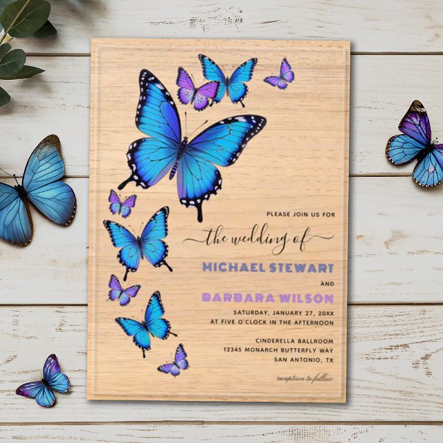 Elegant Blue Purple Floral Butterfly Wedding Acrylic Invitations (Creator Uploaded)