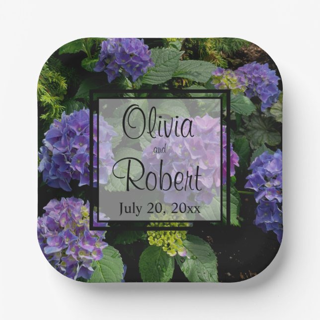 Elegant blue purple floral flower garden paper plate (Front)