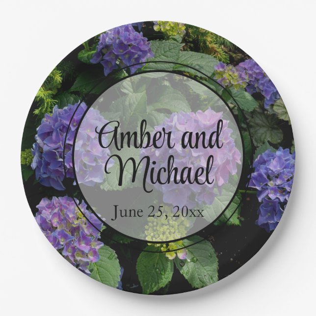 Elegant blue purple floral flower garden paper plate (Front)