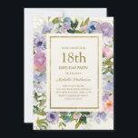 Elegant Blue Purple Floral Gold 18th Birthday Invitation<br><div class="desc">Elegant dusty blue and purple watercolor floral women's 18th birthday party invitation with green leaves and a gold frame.  Text is completely customizable,  so this card can be changed for any age.</div>