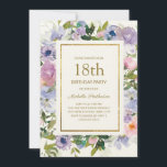 Elegant Blue Purple Floral Gold 18th Birthday Invitation<br><div class="desc">Elegant dusty blue and purple watercolor floral women's 18th birthday party invitation with green leaves and a gold frame.  Text is completely customizable,  so this card can be changed for any age.</div>