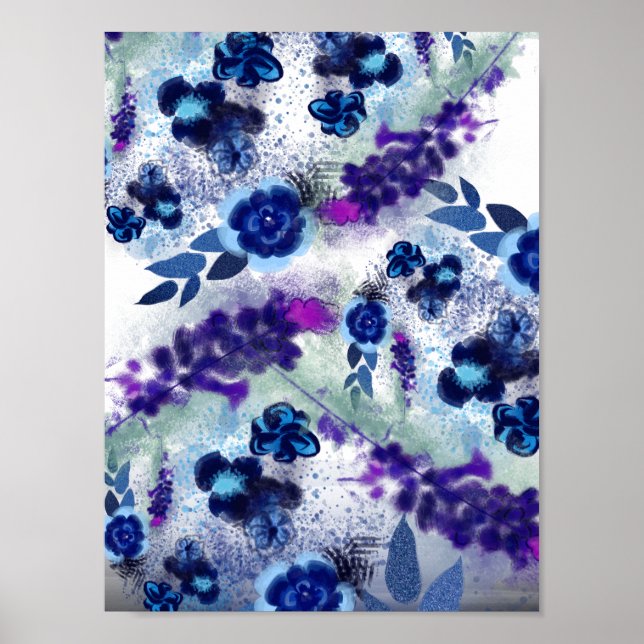 Elegant Blue Purple Flowers Painting Pattern Poster (Front)