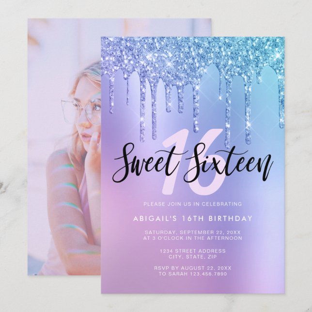 Elegant blue & purple glitter drips sweet sixteen invitation (Front/Back)