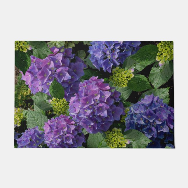 Elegant blue purple magenta green floral hydrangea doormat (Front)