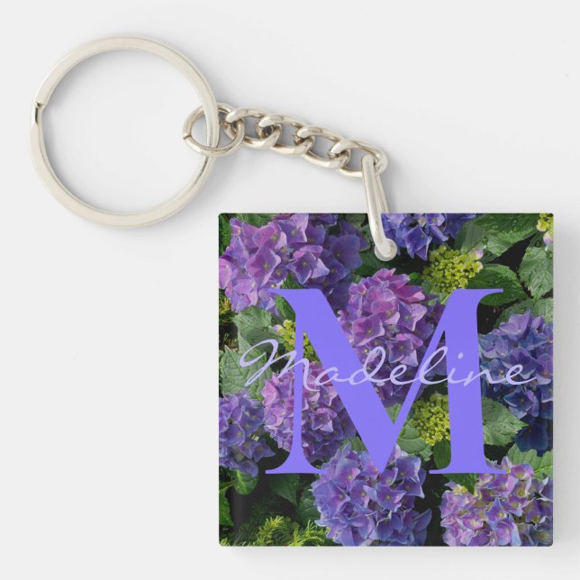 Elegant blue purple magenta green floral hydrangea keychain (Front)