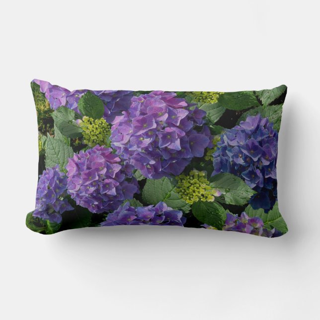 Elegant blue purple magenta green floral hydrangea lumbar pillow (Front)