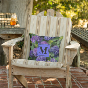 Elegant blue purple magenta green floral hydrangea outdoor pillow