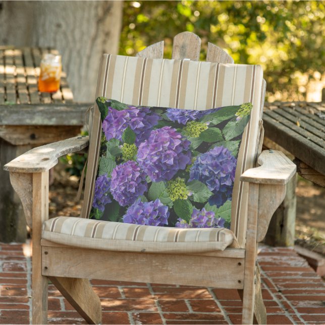 Elegant blue purple magenta green floral hydrangea outdoor pillow (Chair)