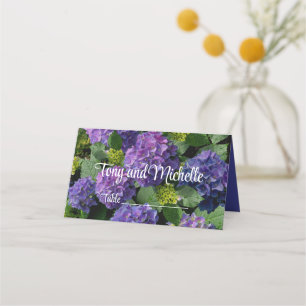 Elegant blue purple magenta green floral hydrangea place card
