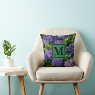 Elegant blue purple magenta green floral hydrangea throw pillow