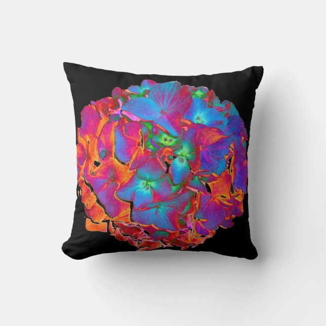 Elegant blue purple magenta green floral hydrangea throw pillow (Front)