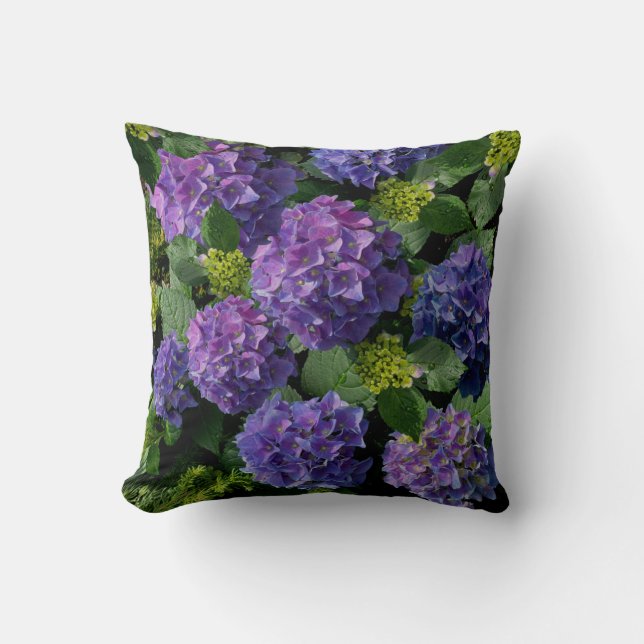Elegant blue purple magenta green floral hydrangea throw pillow (Front)