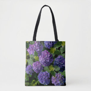 Elegant blue purple magenta green floral hydrangea tote bag
