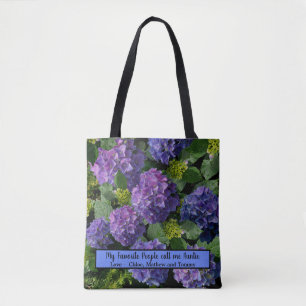 Elegant blue purple magenta green floral hydrangea tote bag