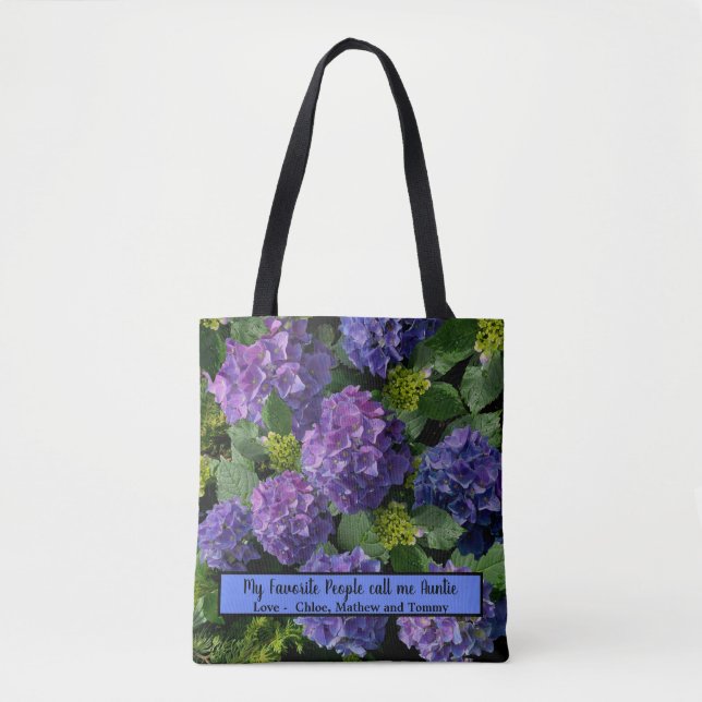 Elegant blue purple magenta green floral hydrangea tote bag (Front)